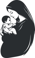 Silhouette of a mother lovingly holding her baby, symbolizing maternal affection and care.