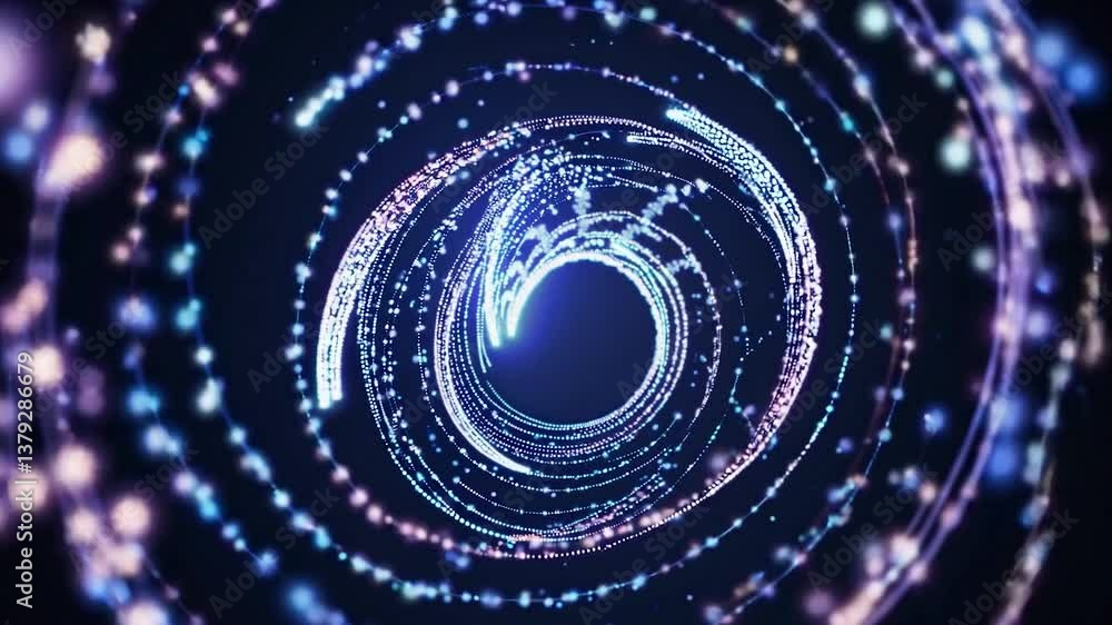 Poster bright particles are rotating fast, drawing concentric circles, creating a mesmerizing visual effect
