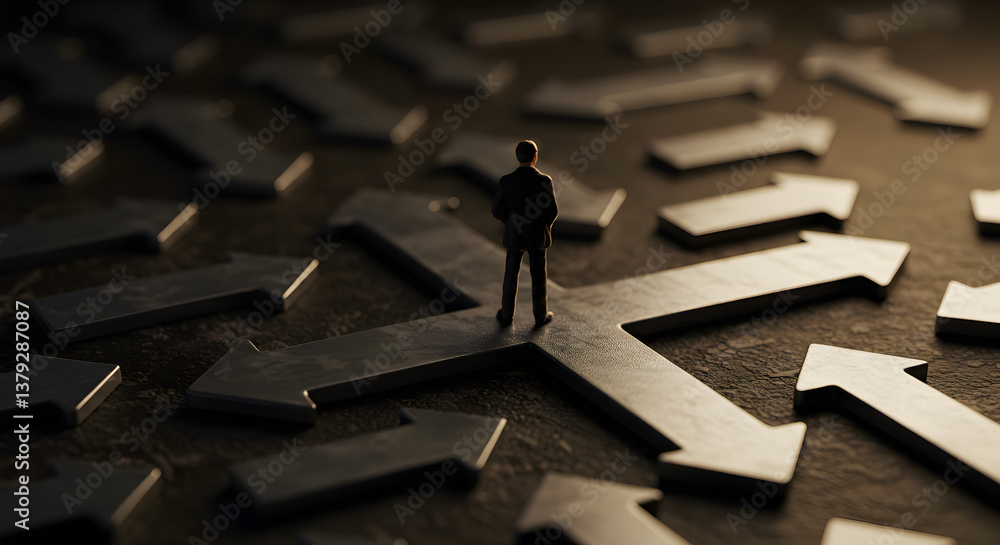 Poster man at crossroads with multiple directional arrows represents decision making in dark setting