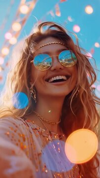 Young woman with attitude smiles and dances at a music festival party sunlight sky 