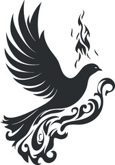 Stylized black silhouette of a dove with flames and ornate patterns, symbolizing freedom and peace.