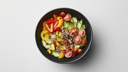 Vibrant Salad Bowl with Fresh Tomato Cucumber and Bell Pepper on White Surface