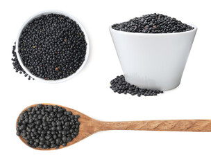 Dry black lentils isolated on white, set