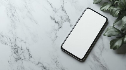 Mobile Phone Blank Screen Display on Marble Surface with Green Plant Leaves