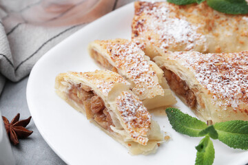 Tasty apple strudels with powdered sugar, mint and anise star on table, closeup