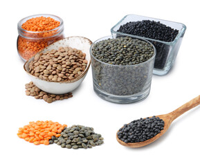 Different types of lentils isolated on white, set
