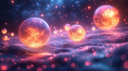 Naklejka premium Vibrant Cosmic Orbs and Fractal Light Effects in Dark Space with Glowing Colors and Dynamic Composition