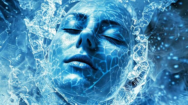 This futuristic human in cryogenic suspension, encased in ice and advanced tech.