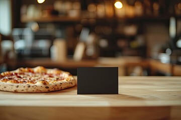 Fresh Pizza and Black Card on Wooden Table in Restaurant