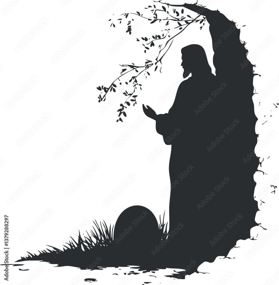 Poster silhouette of a figure standing under a tree, creating a serene and tranquil scene.