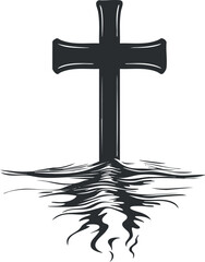 Silhouette of a cross with a water reflection, symbolizing faith and spirituality.