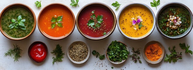 Gourmet Vegetarian Creamy Soups in Rustic Bowls Arranged on White Background for Autumn and Winter