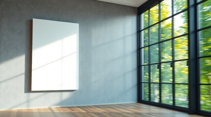 A blank canvas hanging on a grey wall near large windows