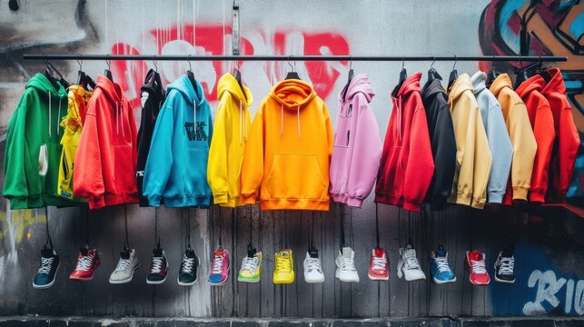 Vibrant streetwear collection with colorful hoodies and sneakers showcased against urban graffiti wall in an energetic city setting