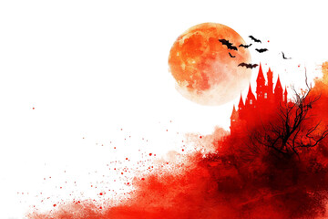 Mystical Red Moon Rising Over Dark Landscape with Silhouetted Bats, Eerie Clouds, and Bare Trees Creating Spooky Atmosphere for Halloween Night