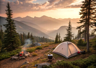 Camping adventure in the mountains with tent and campfire at sunset scenery view