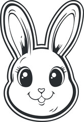 Black and white illustration of a cute, smiling cartoon rabbit with expressive eyes and ears.