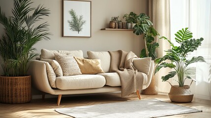 Beige Modern Sofa Living Room Interior Design Cozy Home Decor Comfortable Apartment Stylish Room Natural Plants Wooden Shelf Neutral Tones Elegant Space Tranquil Atmosphere Relaxing Environment Homey 