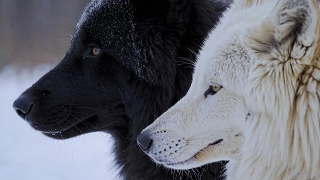 Close-up side profile of a black and a white wolf in a snowy setting, captured at eye level, creating a striking contrast. Ideal for a wildlife video. Live desktop wallpaper.
