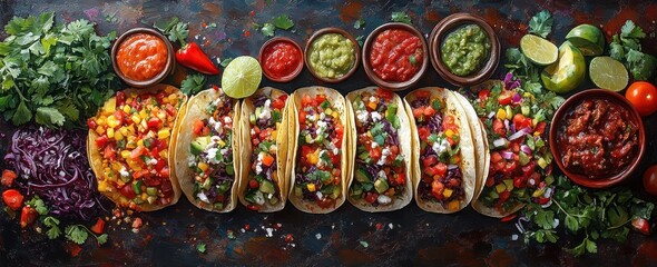 Mexican Taco Feast Overhead View with Tacos Beef Meat Tomatoes Salsa Fresh Ingredients and Party Atmosphere