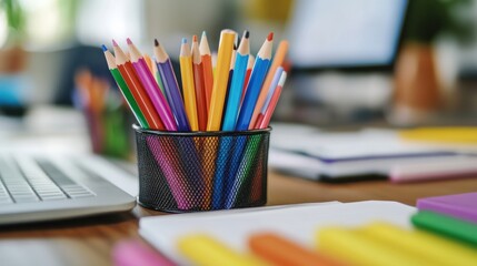 Colorful pencils in a small metal mesh cup on a wooden desk with office supplies.