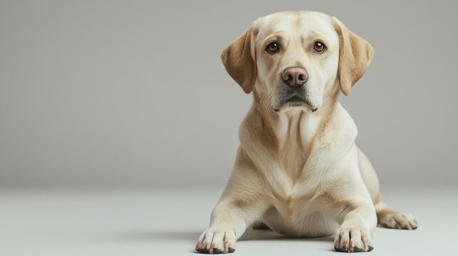 Yellow Labrador Retriever Dog Lying Down Calmly Looking at Camera in Studio
