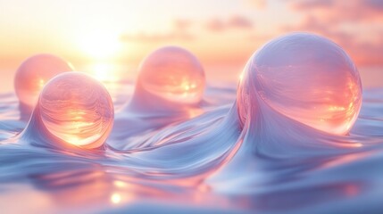 Ethereal Abstract Composition with Floating Pastel Spheres and Translucent Shapes Glowing on White Background