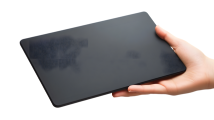 Professional Hands Holding Black Tablet Isolated on White Background for Business and Technology Concepts