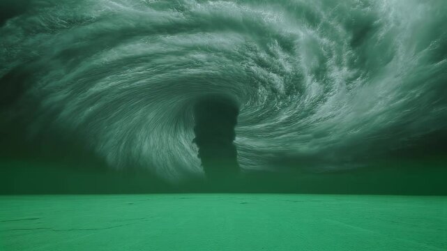 Dark, ominous clouds swirl into a vortex formation, creating a dramatic and suspenseful scene against a solid green screen backdrop, ideal for compositing and visual effects