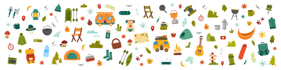 Camping and outdoor colorful adventure icon set. Hiking, travel, adventure set of symbols. Vector illustration