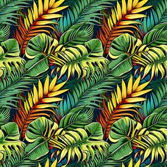 A pattern of tropical leaves on a dark blue background.