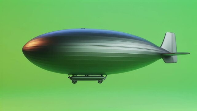 Silver zeppelin airship floating against chroma key green screen background, offering seamless compositing and visual effects for professional video production