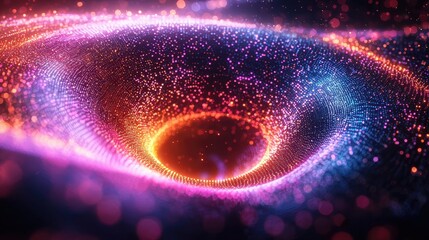 A vibrant digital vortex made of glowing particles in motion. The neon colors form a tunnel-like spiral of energy and light. Suitable for use as a sci-fi wallpaper, background, or cinematic visual
