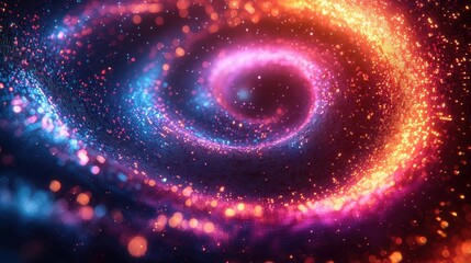 An abstract swirling galaxy made of glowing digital particles. A hypnotic spiral pattern in vibrant colors and dynamic motion. Suitable for use as a sci-fi wallpaper, background, or cinematic visual