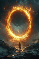 A massive fiery portal suspended in a stormy sky, with a cloaked figure standing before it. Epic and surreal sci-fi atmosphere. Suitable for use as a book cover, poster, or sci-fi wallpaper
