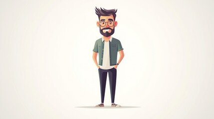 A cartoon character with glasses and a beard dressed in casual attire standing confidently ag