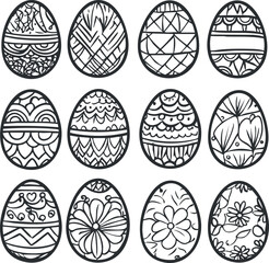 Fototapeta premium Black and white decorative Easter eggs with intricate patterns and floral designs.