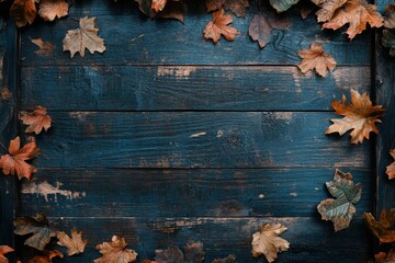 Rustic autumnal wooden backdrop.  Colorful fall leaves artfully arranged around an empty dark teal wooden surface