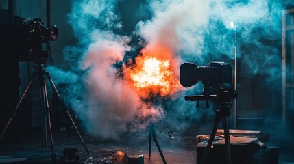 Fototapeta premium Film set explosion with cameras and lights in dramatic scene