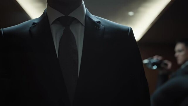Elegance and composure define a businessman adjusting his suit and tie amidst the flashing lights and clamor of paparazzi, capturing a moment of poise under pressure