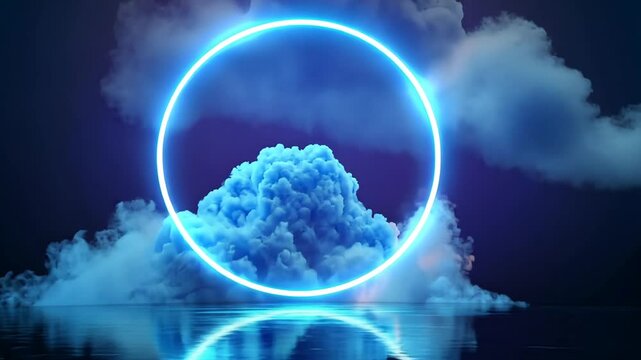 Mystical blue cloudscape with a neon glowing circle frame reflecting in water