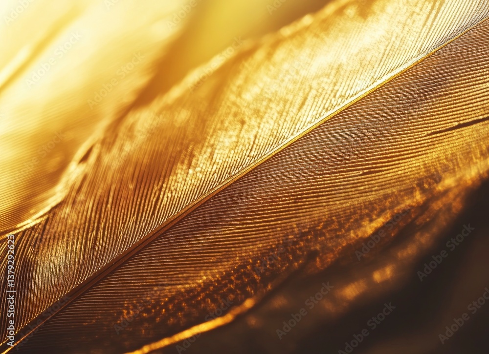 Poster golden feather macro shot showing detailed texture and shimmering light