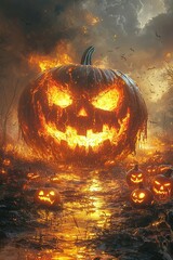 A monstrous jack-o'-lantern burns with fire from within, surrounded by glowing pumpkins in a marshy haunted landscape
