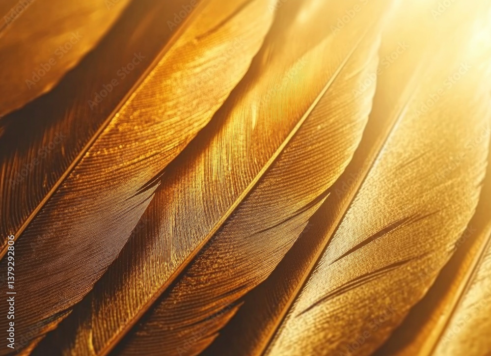 Poster golden feathers close up showing texture and light for luxurious design
