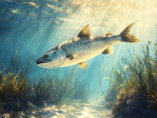 Tarpon Swimming Gracefully Underwater with Sun Rays and Aquatic Plants