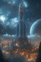 A breathtaking futuristic cityscape with a central glowing tower rising high into a starry sky, surrounded by cosmic clouds and spacecraft