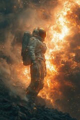 An astronaut in a high-tech suit gazes at a massive wall of fire and smoke in space, surrounded by glowing embers and ash