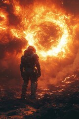A lone astronaut faces a bright, circular explosion in space resembling a solar flare, creating a fiery vortex in the sky