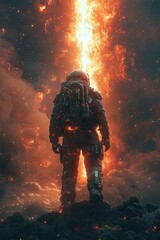 A solitary astronaut stands before a sky cracked open with fire and light, looking up at the burning cosmic breach