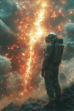 A space explorer watches a glowing rift of energy piercing through clouds, surrounded by glowing embers and dramatic lighting